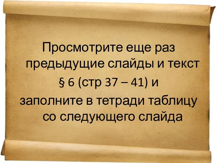 Просмотрите еще раз предыдущие слайды и текст § 6 (стр