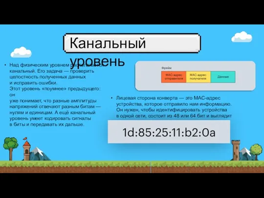 Канальный уровень Над физическим уровнем располагается канальный. Его задача —