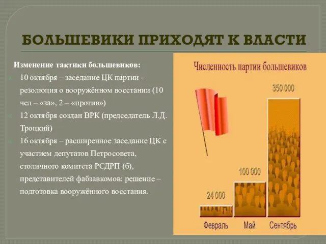 БОЛЬШЕВИКИ ПРИХОДЯТ К ВЛАСТИ Изменение тактики большевиков: 10 октября –