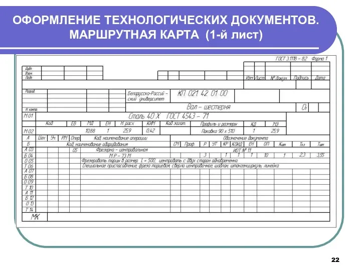 ОФОРМЛЕНИЕ ТЕХНОЛОГИЧЕСКИХ ДОКУМЕНТОВ. МАРШРУТНАЯ КАРТА (1-й лист)