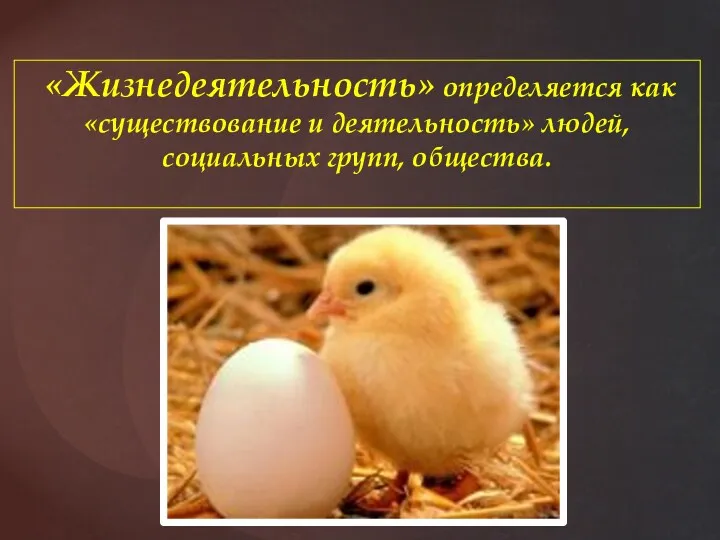 «Жизнедеятельность» определяется как «существование и деятельность» людей, социальных групп, общества.