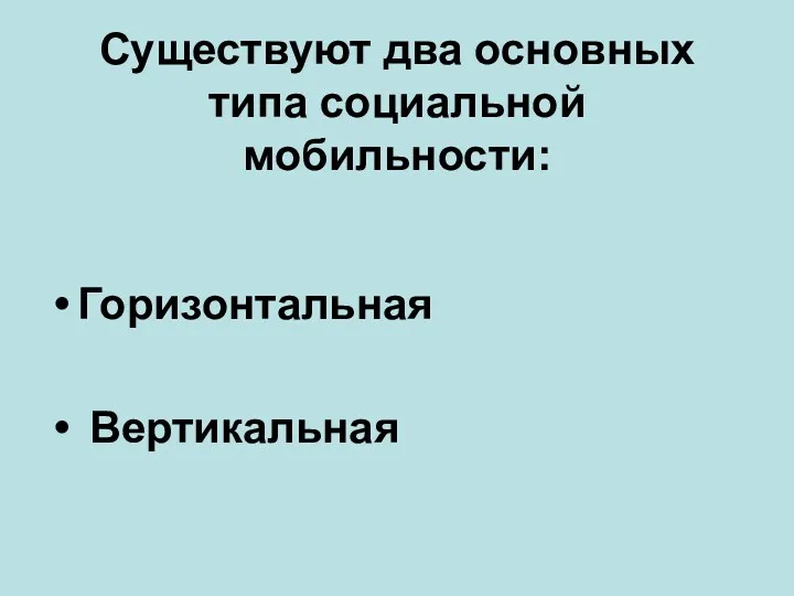 Существуют два основных типа социальной мобильности: Горизонтальная Вертикальная