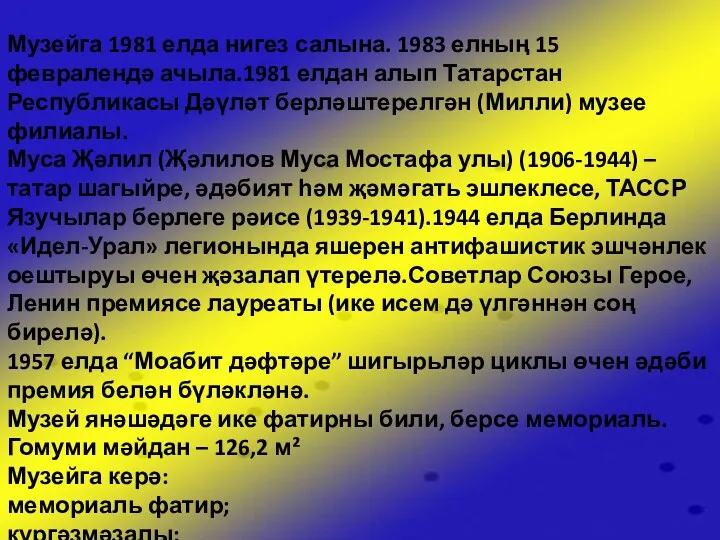 Музейга 1981 елда нигез салына. 1983 елның 15 февралендә ачыла.1981 елдан алып Татарстан
