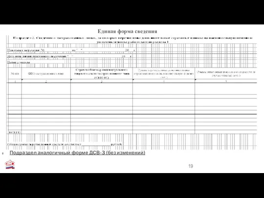 Единая форма сведения Подраздел аналогичный форме ДСВ-3 (без изменений)