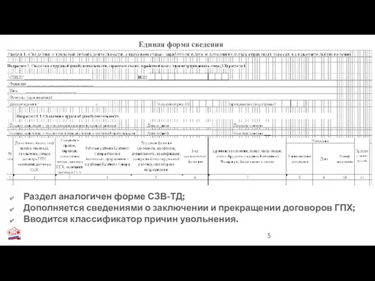 Единая форма сведения Раздел аналогичен форме СЗВ-ТД; Дополняется сведениями о