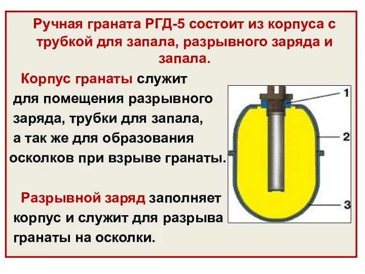 Ручная граната РГД-5 состоит из корпуса с трубкой для запала,