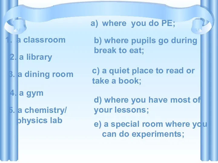 5. a chemistry/ physics lab e) a special room where