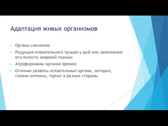 Адаптация живых организмов Органы свечения; Редукция плавательного пузыря у рыб