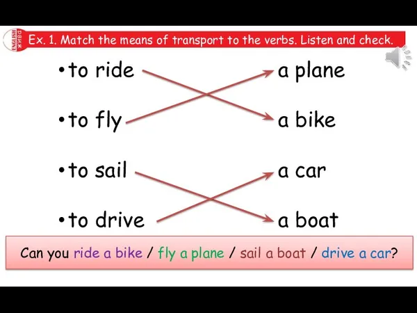 Ex. 1. Match the means of transport to the verbs.