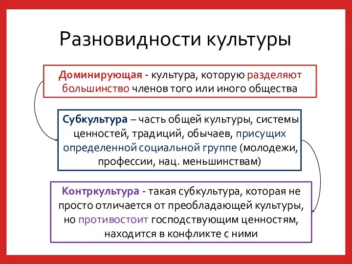 Разновидности культуры Доминирующая - культура, которую разделяют большинство членов того