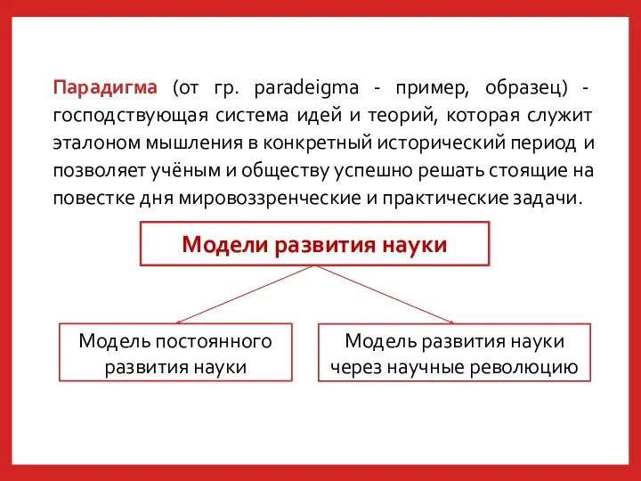 Модели развития науки Модель постоянного развития науки Модель развития науки