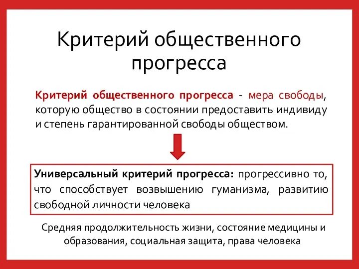 Критерий общественного прогресса Критерий общественного прогресса - мера свободы, которую