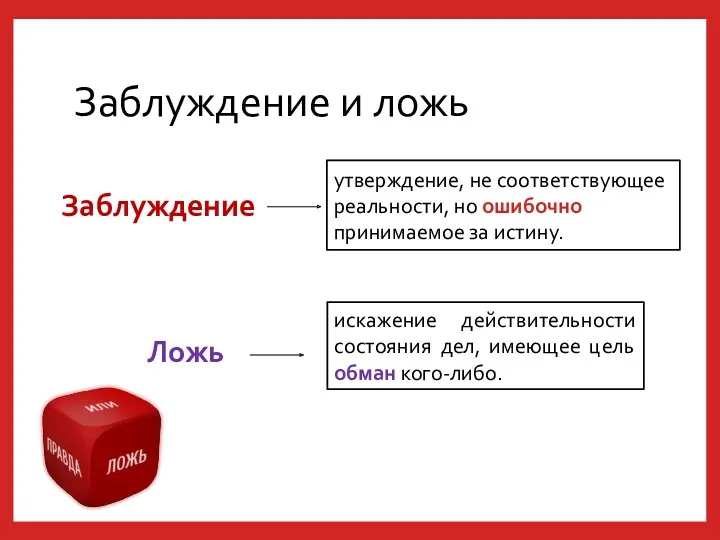 Заблуждение и ложь Заблуждение Ложь искажение действительности состояния дел, имеющее