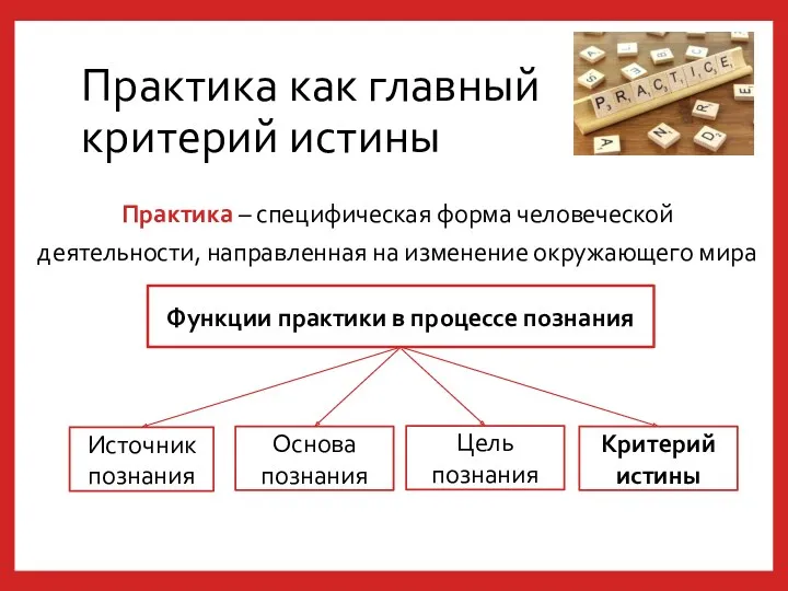 Практика как главный критерий истины Практика – специфическая форма человеческой