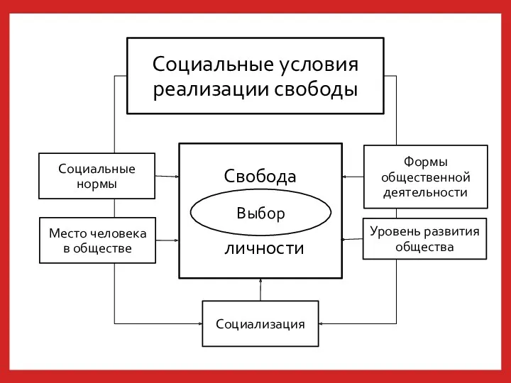 Социальные условия реализации свободы Свобода личности Выбор Социализация Формы общественной