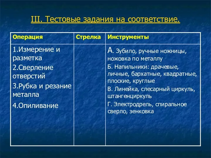 III. Тестовые задания на соответствие.