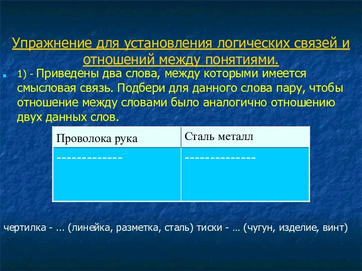 Упражнение для установления логических связей и отношений между понятиями. 1) - Приведены два