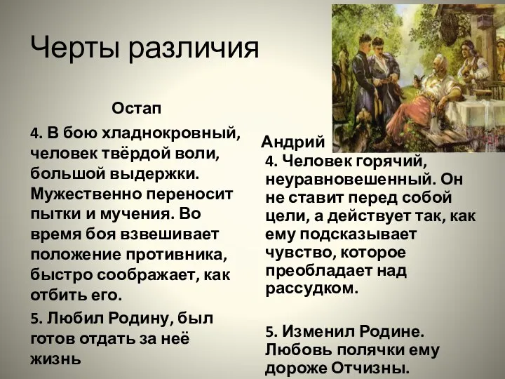 Черты различия Остап 4. В бою хладнокровный, человек твёрдой воли, большой выдержки. Мужественно