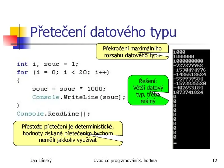 Jan Lánský Úvod do programování 3. hodina Přetečení datového typu