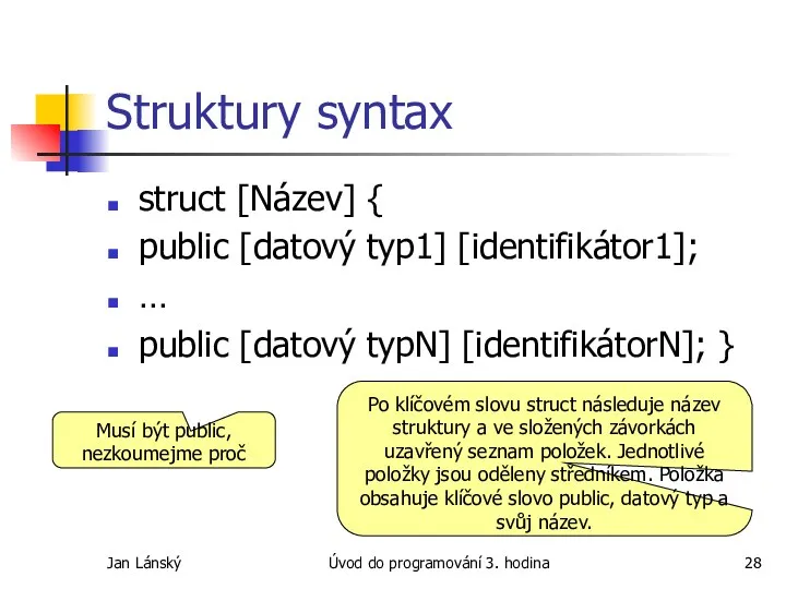 Jan Lánský Úvod do programování 3. hodina Struktury syntax struct