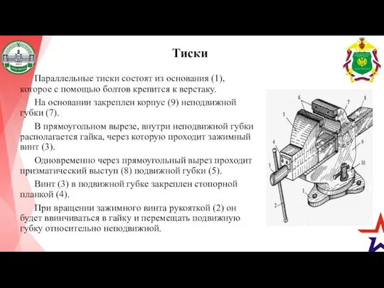 Тиски Параллельные тиски состоят из основания (1), которое с помощью