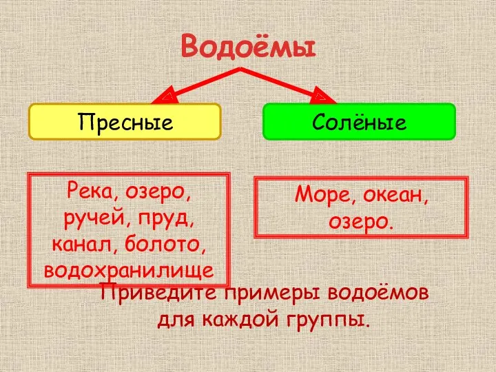 Водоёмы Приведите примеры водоёмов для каждой группы. Море, океан, озеро.