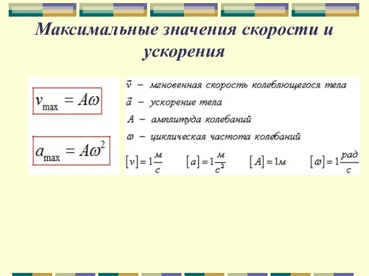 Максимальные значения скорости и ускорения