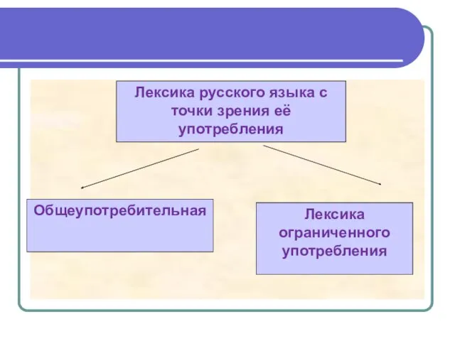 Общеупотребительная Лексика ограниченного употребления Лексика русского языка с точки зрения её употребления
