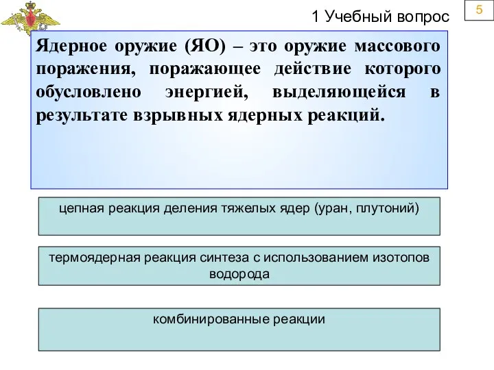 5 Ядерное оружие (ЯО) – это оружие массового поражения, поражающее