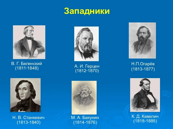 Западники В. Г. Белинский (1811‑1848) А. И. Герцен (1812‑1870) Н.