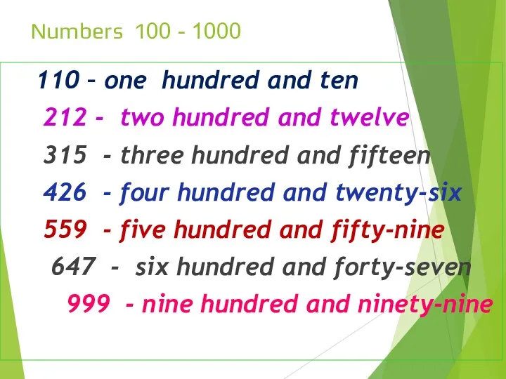 Numbers 100 - 1000 110 – one hundred and ten