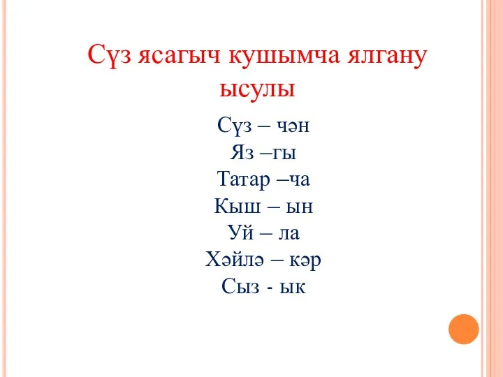 Сүз ясагыч кушымча ялгану ысулы Сүз – чән Яз –гы