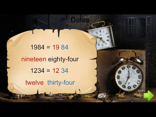 Dates 1984 = 19 84 1234 = 12 34 nineteen eighty-four twelve thirty-four