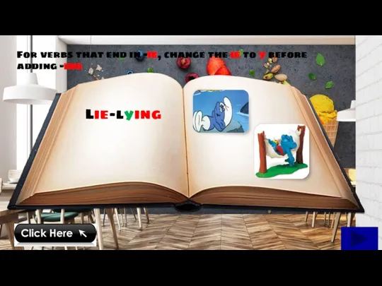 Lie-lying For verbs that end in -ie, change the ie to y before adding -ing