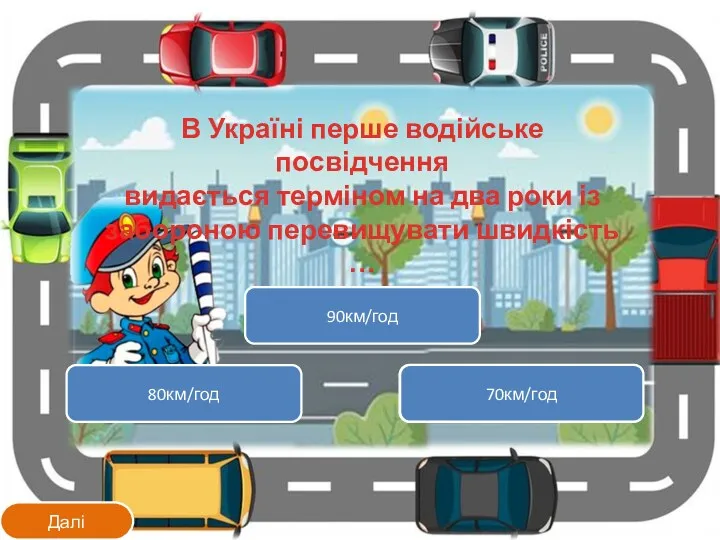 70км/год 80км/год 70км/год Далі В Україні перше водійське посвідчення видається