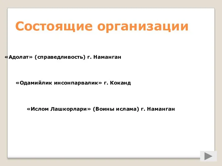 Состоящие организации «Адолат» (справедливость) г. Наманган «Одамийлик инсонпарвалик» г. Коканд «Ислом Лашкорлари» (Воины ислама) г. Наманган