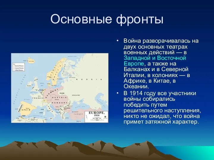 Основные фронты Война разворачивалась на двух основных театрах военных действий