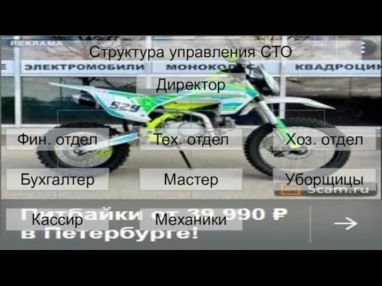 Структура управления СТО Директор Фин. отдел Бухгалтер Кассир Тех. отдел Мастер Механики Хоз. отдел Уборщицы