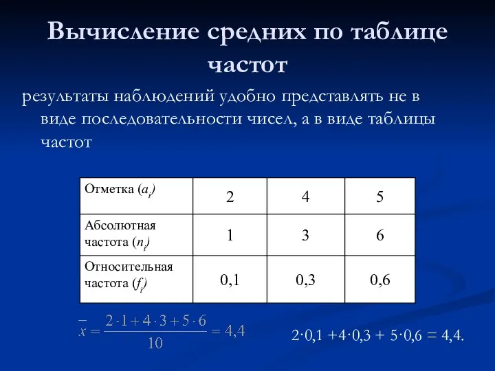 Вычисление средних по таблице частот результаты наблюдений удобно представлять не