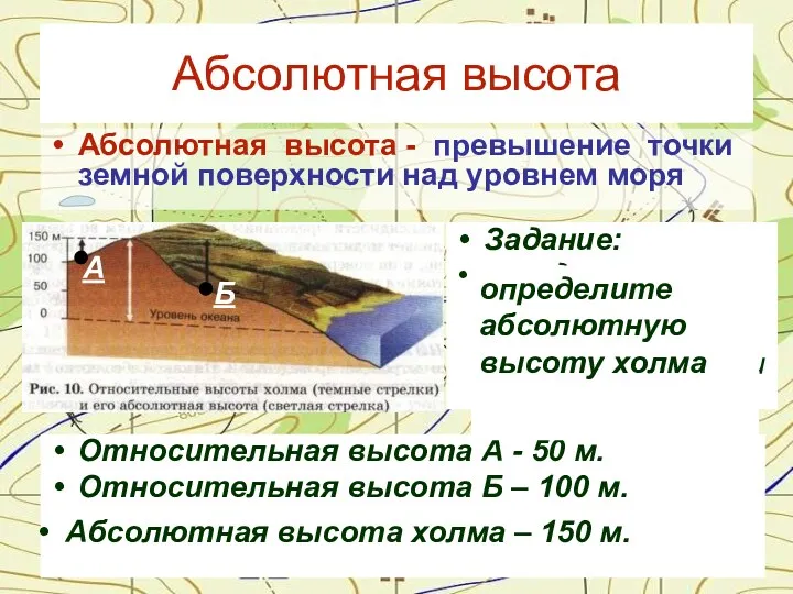 Абсолютная высота Абсолютная высота - превышение точки земной поверхности над