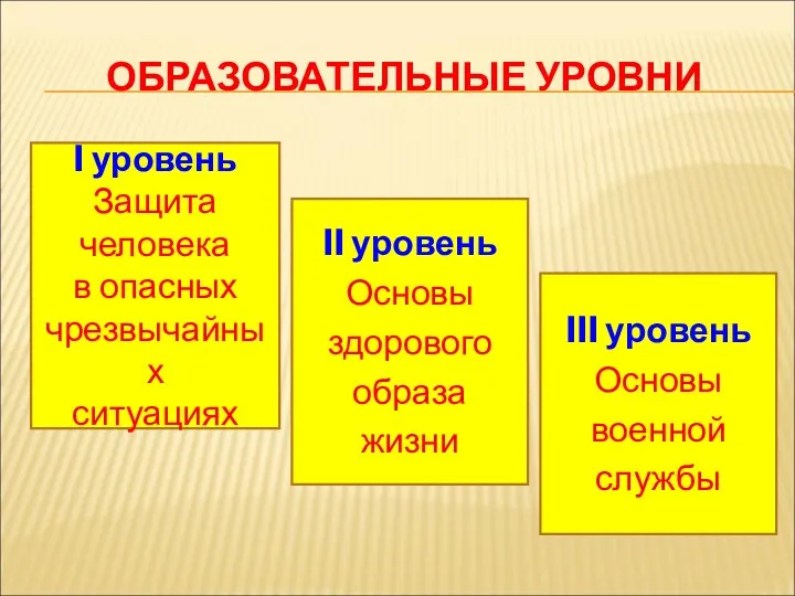 ОБРАЗОВАТЕЛЬНЫЕ УРОВНИ I уровень Защита человека в опасных чрезвычайных ситуациях