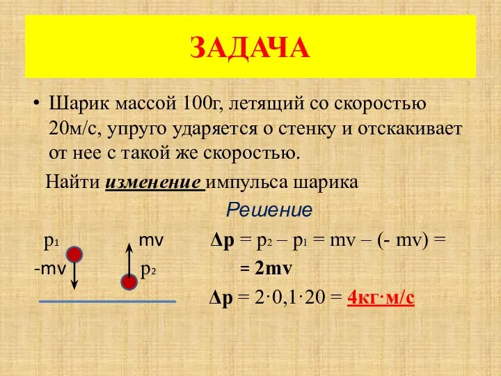 ЗАДАЧА Шарик массой 100г, летящий со скоростью 20м/с, упруго ударяется