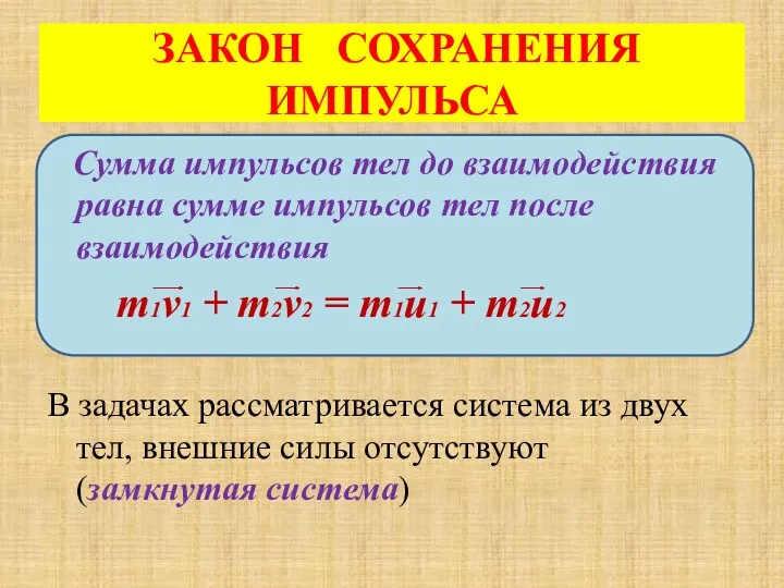 ЗАКОН СОХРАНЕНИЯ ИМПУЛЬСА Сумма импульсов тел до взаимодействия равна сумме