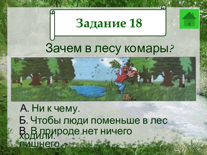 Задание 18 Зачем в лесу комары? А. Ни к чему.