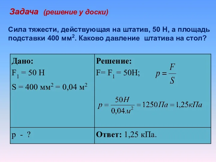 Сила тяжести, действующая на штатив, 50 Н, а площадь подставки