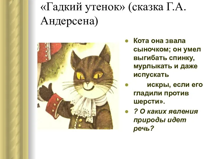 «Гадкий утенок» (сказка Г.А. Андерсена) Кота она звала сыночком; он