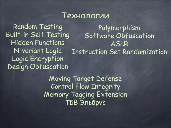 Технологии Random Testing Built-in Self Testing Hidden Functions N-variant Logic