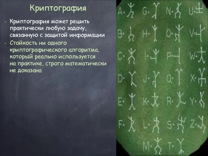 Криптография Криптография может решить практически любую задачу, связанную с защитой