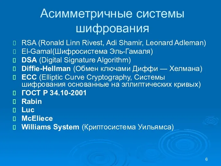 Асимметричные системы шифрования RSA (Ronald Linn Rivest, Adi Shamir, Leonard
