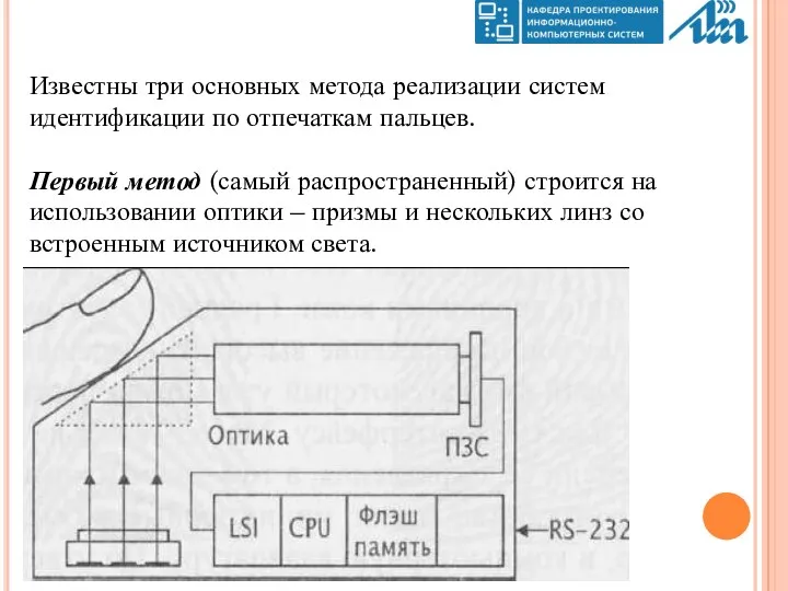 Известны три основных метода реализации систем идентификации по отпечаткам пальцев.